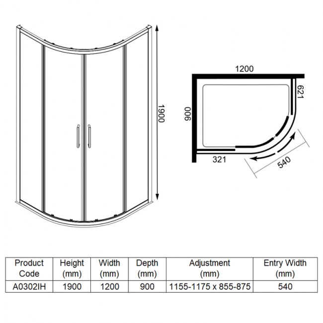 Merlyn Ionic Express Offset Quadrant Double Shower Enclosure 1200mm x 900mm - 6mm Glass  | Dimension Image