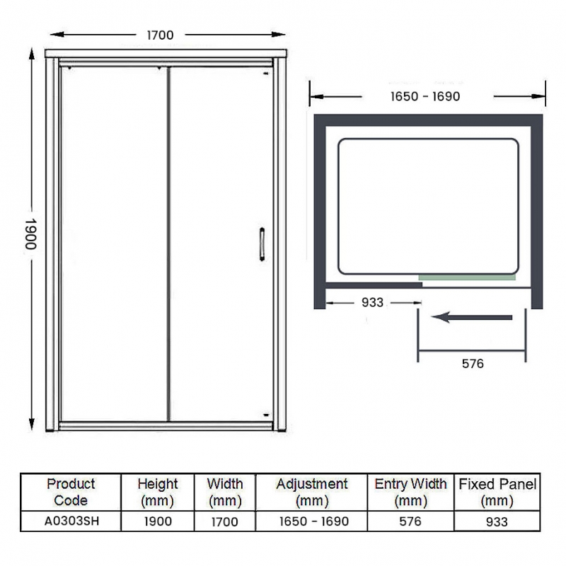 Merlyn Ionic Express Low Level Sliding Shower Door 1700mm Wide (Left Handed)  | Dimension Image