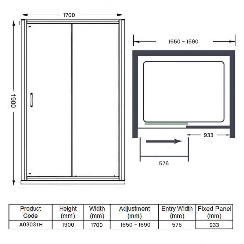 Merlyn Ionic Express Low Level Sliding Shower Door 1700mm Wide (Right Handed)  | Dimension Image