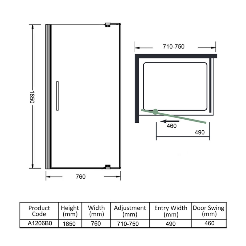 Merlyn Ionic Source Pivot Shower Door 760mm Wide - 6mm Glass  | Dimension Image