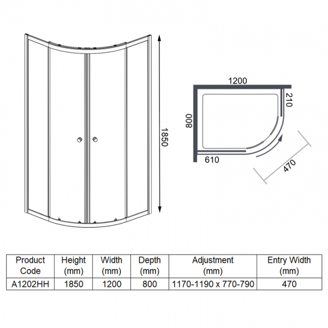 Merlyn Ionic Source Offset Quadrant Shower Enclosure 1200mm x 800mm - 6mm Glass  | Dimension Image