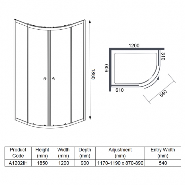 Merlyn Ionic Source Offset Quadrant Shower Enclosure 1200mm x 900mm - 6mm Glass  | Dimension Image