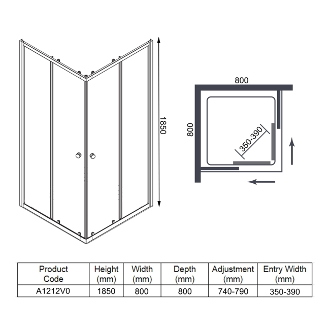 Merlyn Ionic Source Corner Entry Shower Enclosure 760/800mm x 760/800mm - 6mm Glass  | Dimension Image