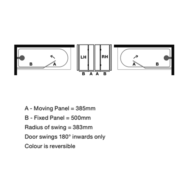 Merlyn Black Two Panel Square Hinged Bath Screen 1500mm H x 900mm W - 8mm Glass  | Dimension Image