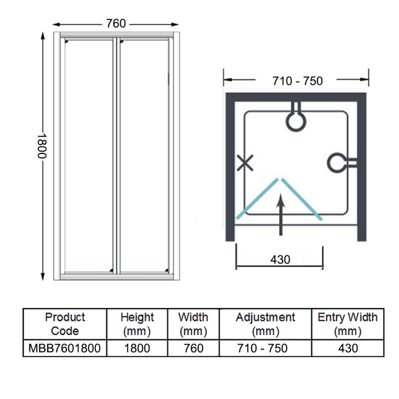 Merlyn Mbox Loft Height Bi-Fold Shower Door 760mm Wide - 4mm Glass