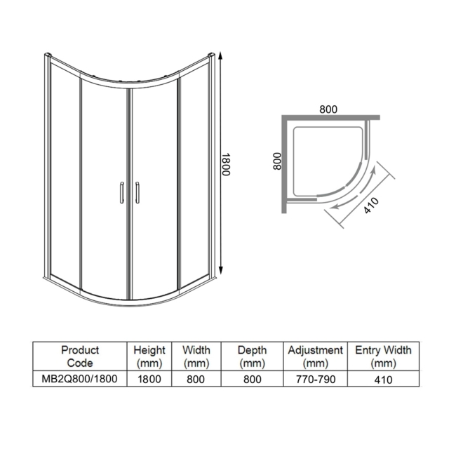 Merlyn Mbox Loft 2-Door Quadrant Shower Enclosure 800mm x 800mm - 6mm Glass  | Dimension Image
