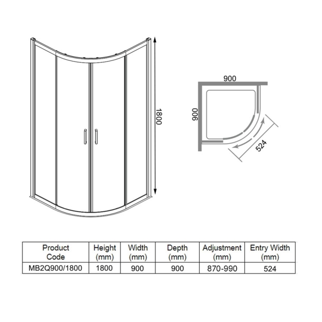 Merlyn Mbox Loft 2-Door Quadrant Shower Enclosure 900mm x 900mm - 6mm Glass  | Dimension Image