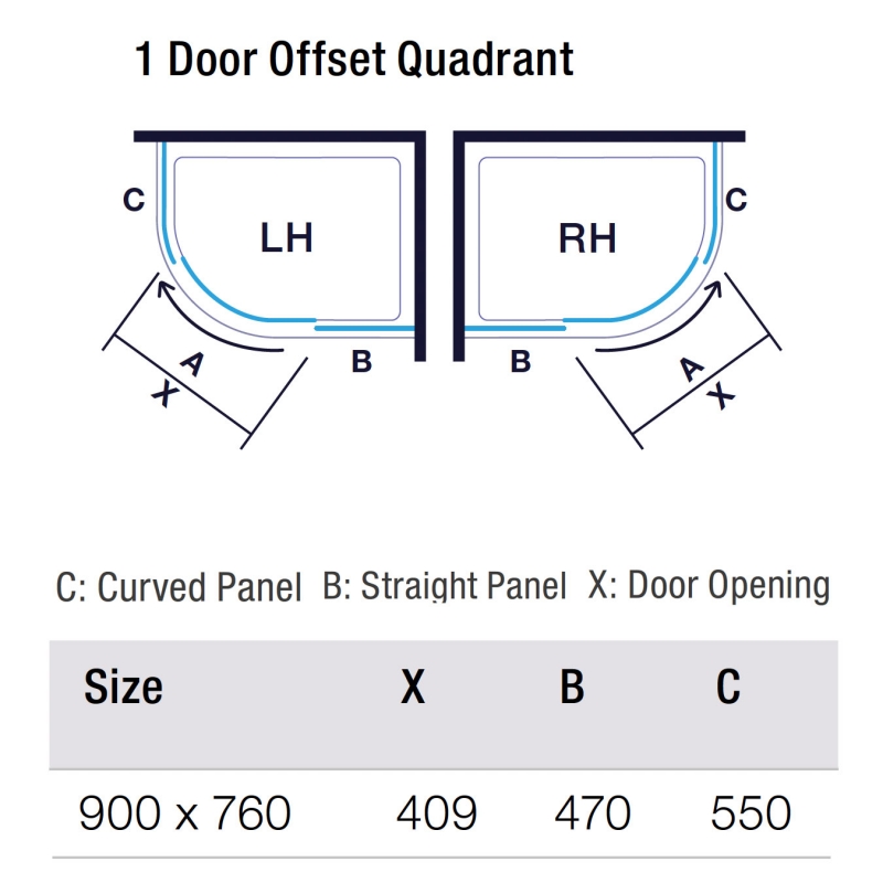 Merlyn Mbox 1-Door Offset Quadrant Shower Enclosure 900mm x 760mm - 6mm Glass  | Dimension Image