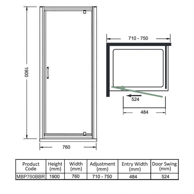 Merlyn Mbox Brushed Brass Pivot Shower Door 760mm - 6mm Clear Glass  | Dimension Image