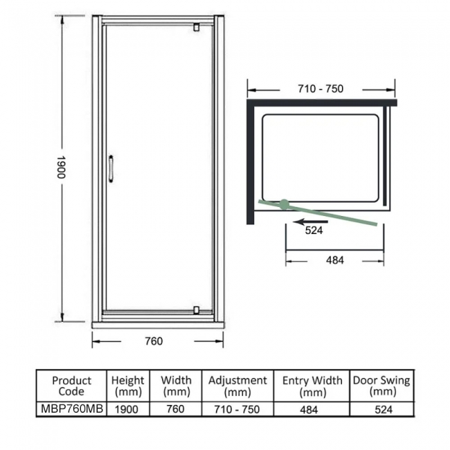 Merlyn Mbox Matt Black Pivot Shower Door 760mm - 6mm Clear Glass  | Dimension Image