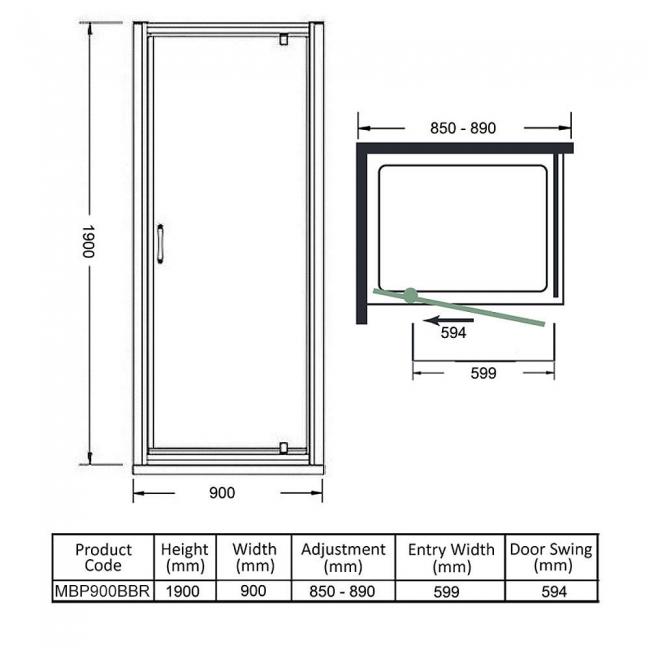 Merlyn Mbox Brushed Brass Pivot Shower Door 900mm - 6mm Clear Glass  | Dimension Image