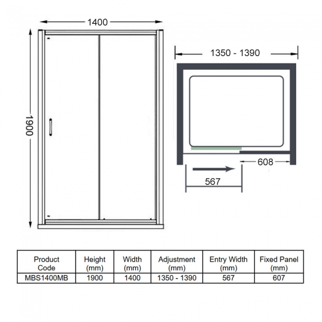 Merlyn Mbox Matt Black Sliding Shower Door 1400mm Wide - 6mm Glass  | Dimension Image