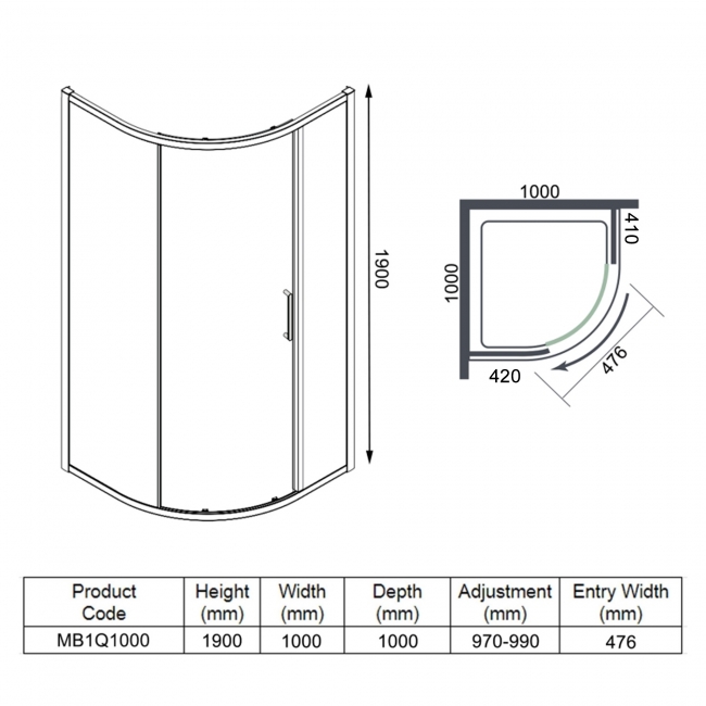 Merlyn Mbox 1-Door Quadrant Shower Enclosure 1000mm x 1000mm - 6mm Glass  | Dimension Image