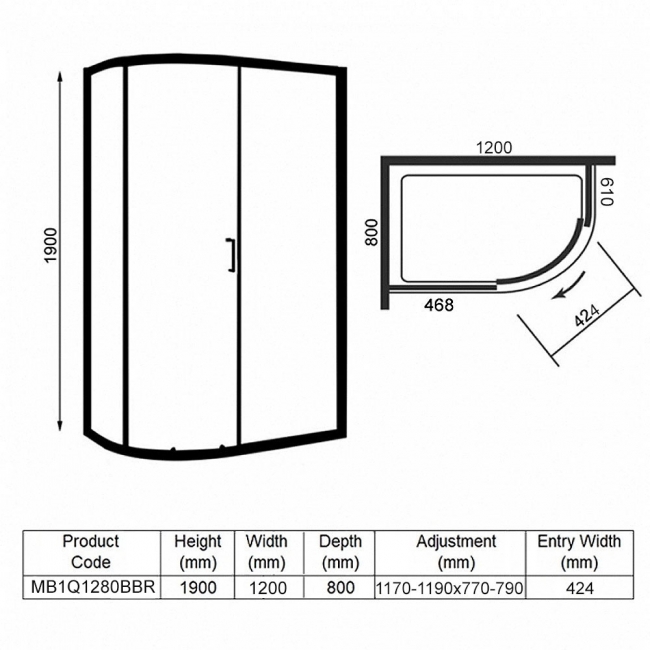 Merlyn Mbox Brushed Brass 1-Door Offset Quadrant Shower Enclosure 1200mm x 800mm - 6mm Glass  | Dimension Image