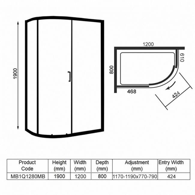 Merlyn Mbox Matt Black 1-Door Offset Quadrant Shower Enclosure 1200mm x 800mm - 6mm Glass  | Dimension Image