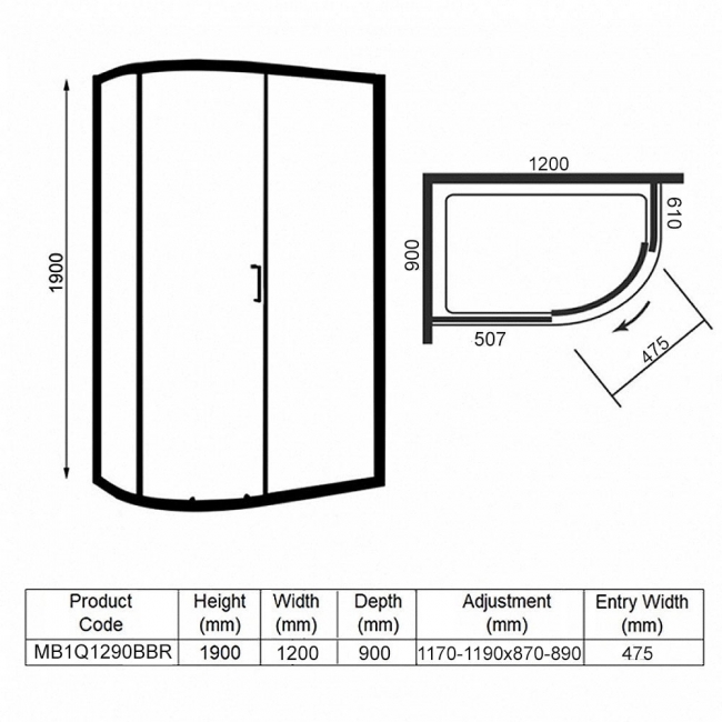 Merlyn Mbox Brushed Brass 1-Door Offset Quadrant Shower Enclosure 1200mm x 900mm - 6mm Glass  | Dimension Image