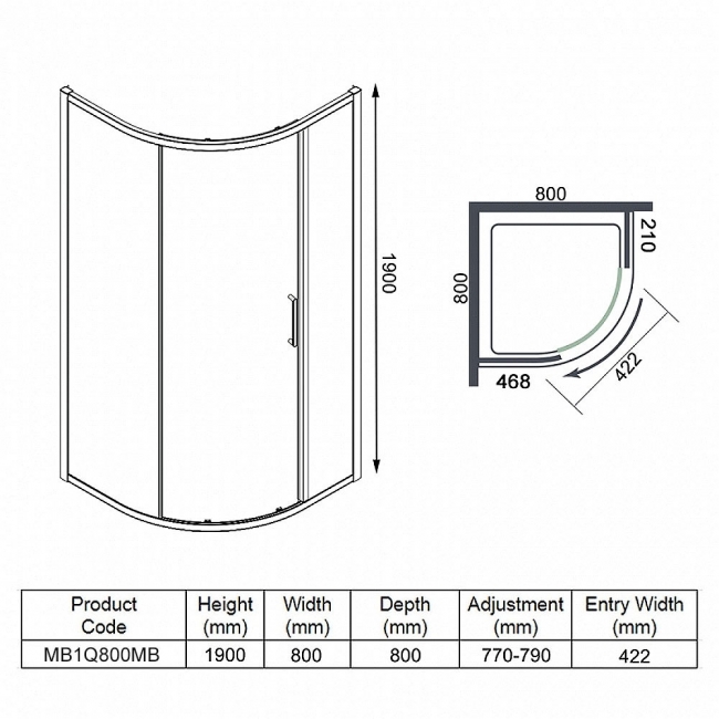 Merlyn Mbox Matt Black 1-Door Quadrant Shower Enclosure 800mm x 800mm - 6mm Glass  | Dimension Image