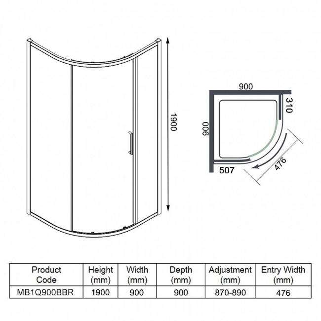 Merlyn Mbox Brushed Brass 1-Door Quadrant Shower Enclosure 900mm x 900mm - 6mm Glass  | Dimension Image