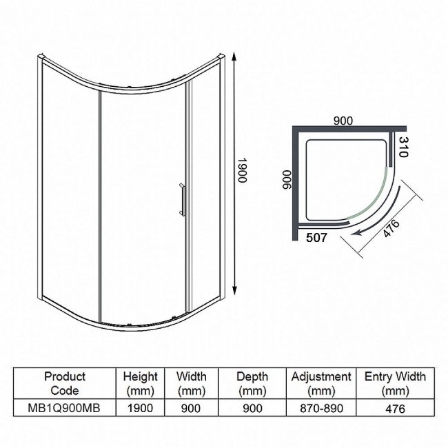 Merlyn Mbox Matt Black 1-Door Quadrant Shower Enclosure 900mm x 900mm - 6mm Glass  | Dimension Image