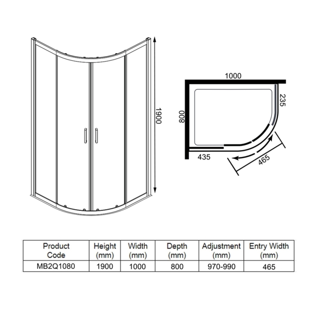 Merlyn Mbox 2-Door Offset Quadrant Shower Enclosure 1000mm x 800mm - 6mm Glass  | Dimension Image