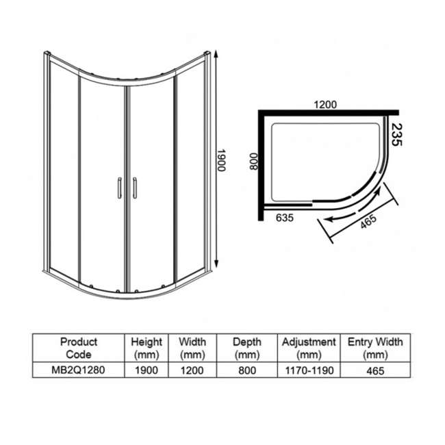 Merlyn Mbox 2-Door Offset Quadrant Shower Enclosure 1200mm x 800mm - 6mm Glass  | Dimension Image