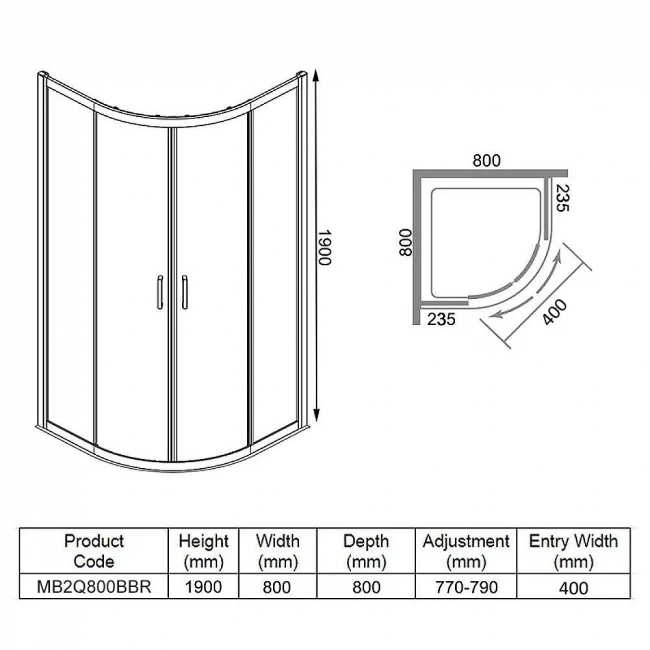Merlyn Mbox Brushed Brass 2-Door Quadrant Shower Enclosure 800mm x 800mm - 6mm Glass  | Dimension Image