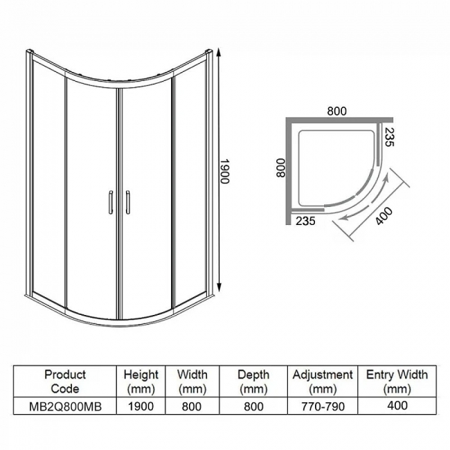 Merlyn Mbox Matt Black 2-Door Quadrant Shower Enclosure 800mm x 800mm - 6mm Glass  | Dimension Image