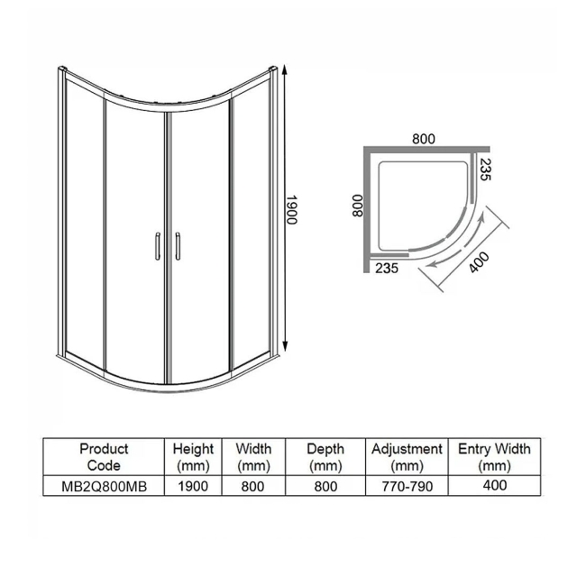 Merlyn Mbox Matt Black 2-Door Quadrant Shower Enclosure 800mm x 800mm - 6mm Glass  | Dimension Image