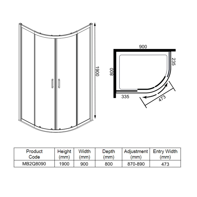 Merlyn Mbox 2-Door Offset Quadrant Shower Enclosure 900mm x 800mm - 6mm Glass  | Dimension Image