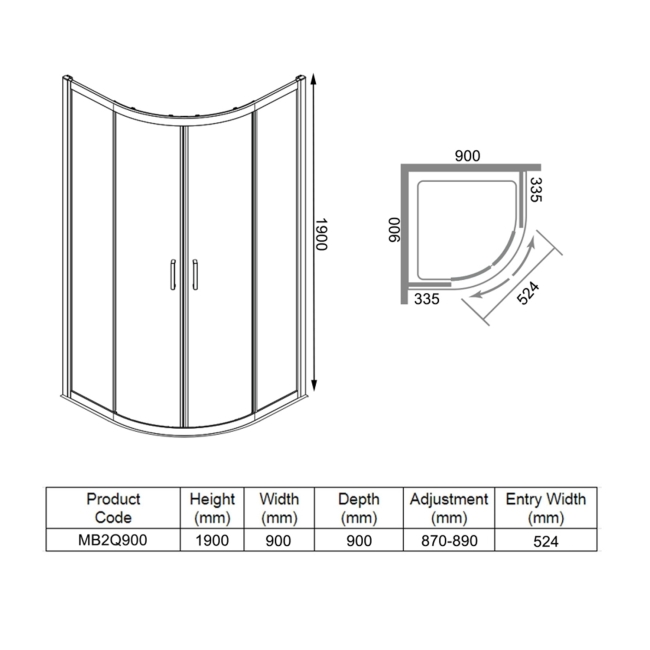 Merlyn Mbox 2-Door Quadrant Shower Enclosure 900mm x 900mm - 6mm Glass  | Dimension Image