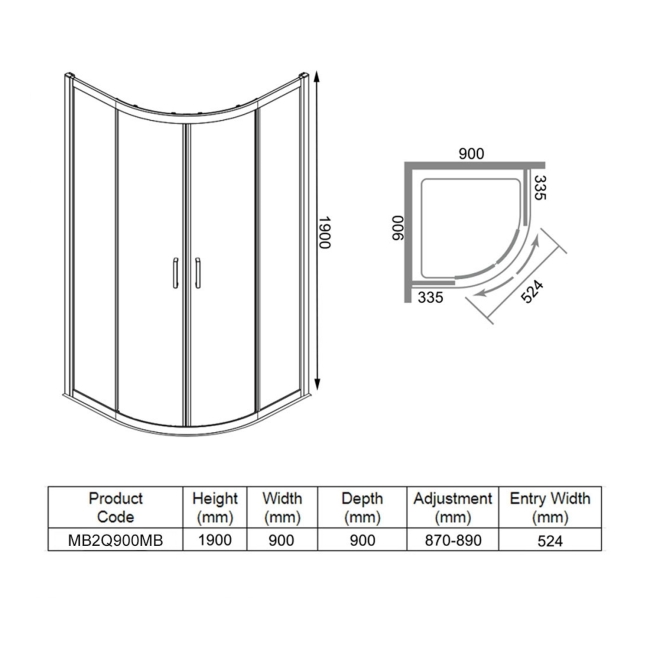 Merlyn Mbox Matt Black 2-Door Quadrant Shower Enclosure 900mm x 900mm - 6mm Glass  | Dimension Image