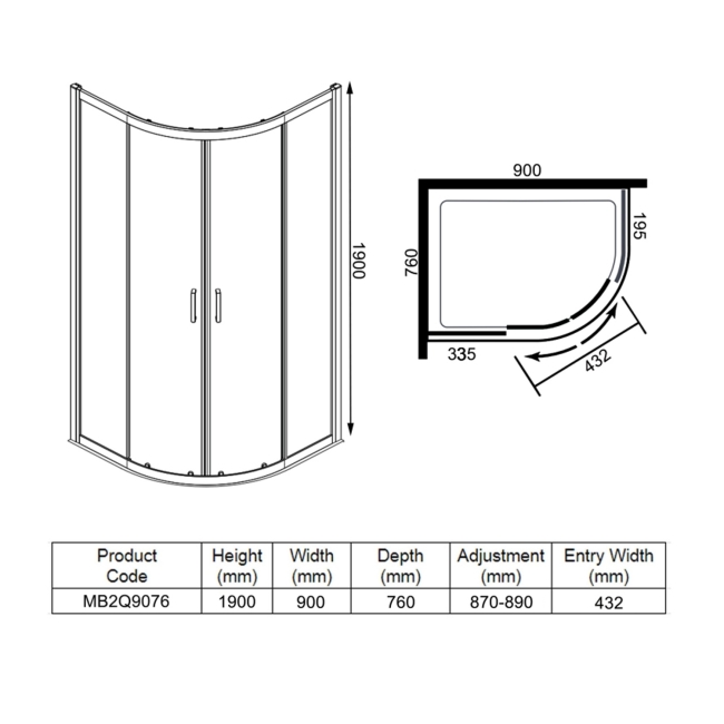 Merlyn Mbox 2-Door Offset Quadrant Shower Enclosure 900mm x 760mm - 6mm Glass  | Dimension Image