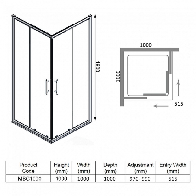 Merlyn Mbox Corner Entry Shower Enclosure 1000mm x 1000mm - 6mm Glass  | Dimension Image