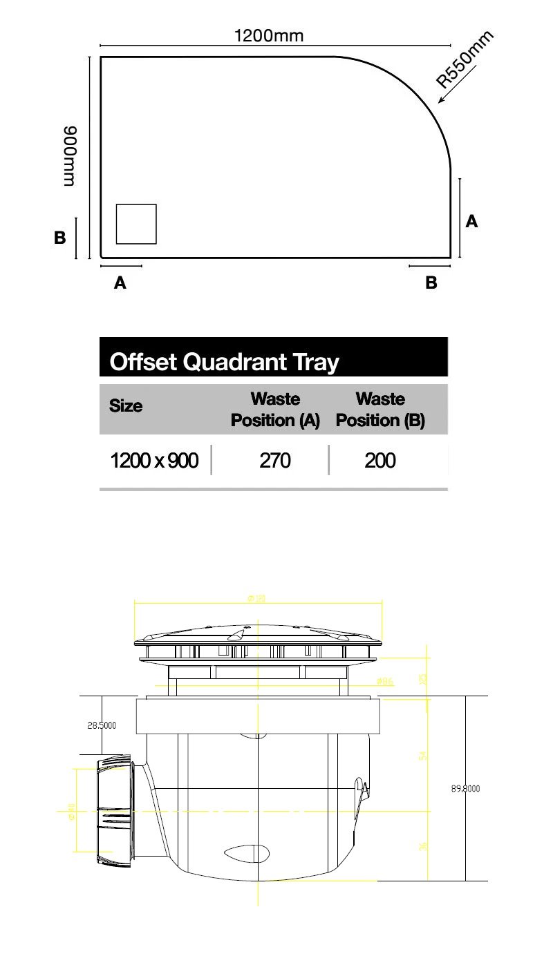 Merlyn TrueStone Offset Quadrant Shower Tray with Waste 1200mm x 900mm Left Handed - Fossil Grey