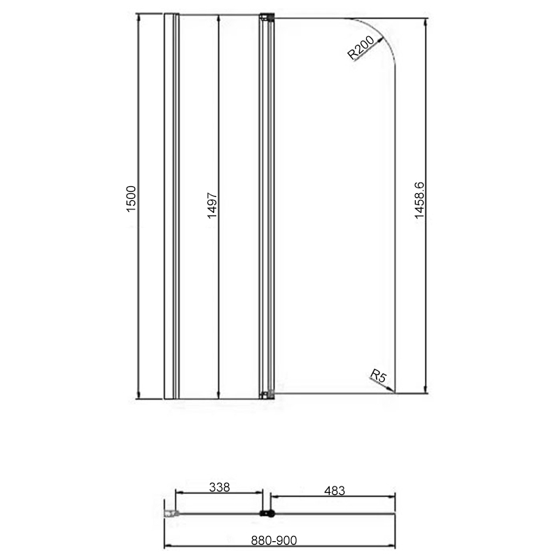 Merlyn Vivid Two Folding Curved Bath Screen 1500mm High x 900mm Wide - 6mm Glass