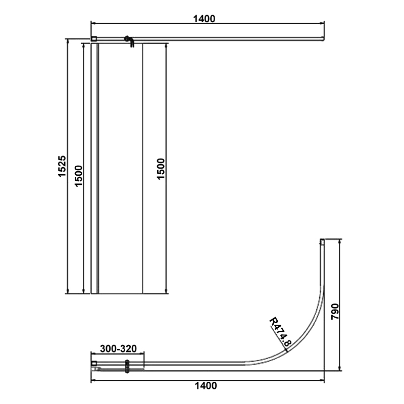 Merlyn Vivid Curtain Rail Bath Screen 1550mm High x 300mm Wide - 6mm Glass