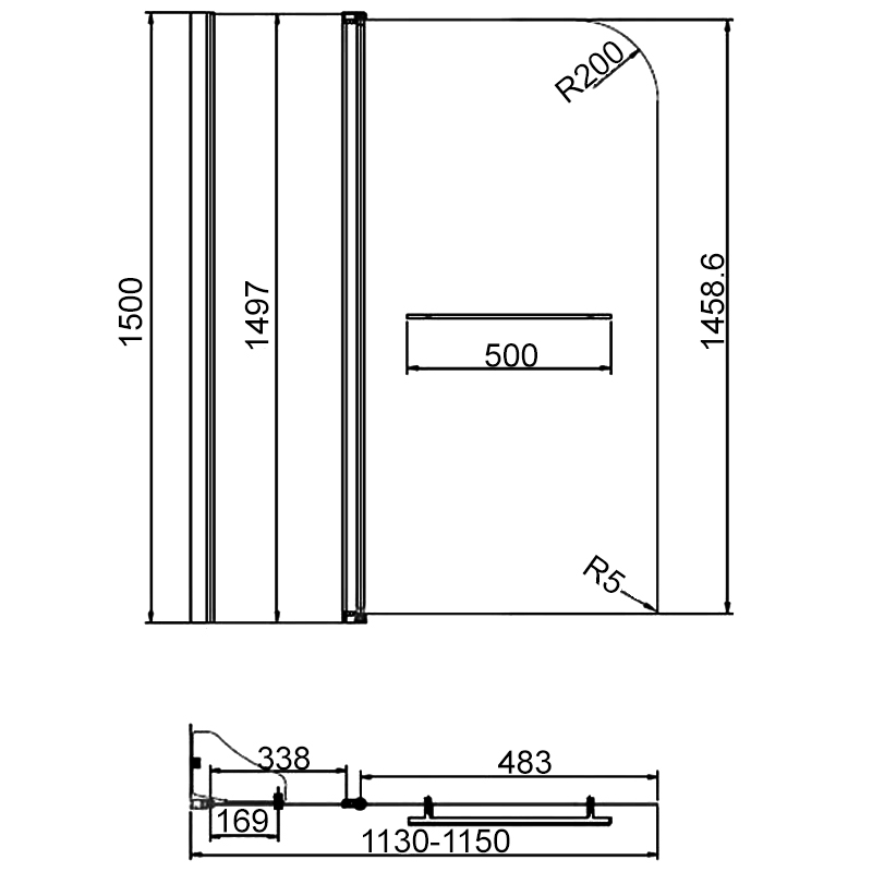 Merlyn Vivid Two Panel Curved Bath Screen with Rail 1500mm High x 1150mm Wide - 6mm Glass