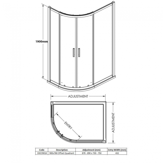 Merlyn Vivid Boost 2-Door Offset Quadrant Shower Enclosure 900mm x 760mm - 6mm Glass  | Dimension Image