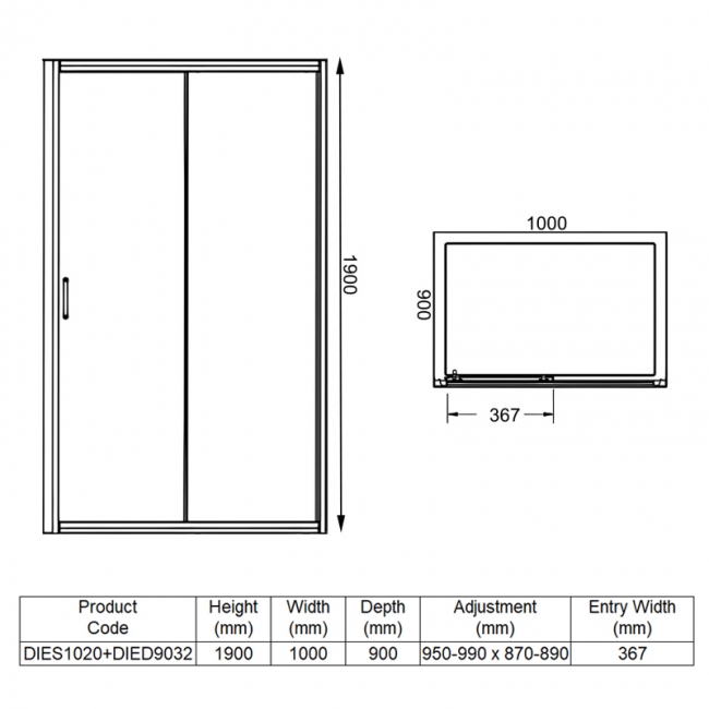 Merlyn Vivid Boost Sliding Door Rectangular Shower Enclosure 1000mm x 900mm - 6mm Glass  | Dimension Image