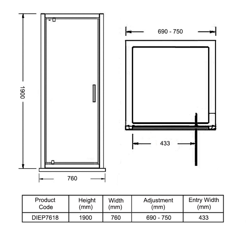 Merlyn Vivid Sublime Pivot Shower Door 760mm Wide - 8mm Glass  | Dimension Image