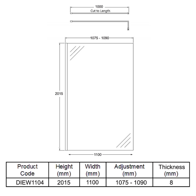 Merlyn Vivid Wet Room Screen with Stabilising Bar 1100mm Wide - 8mm Glass  | Dimension Image