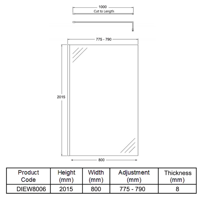 Merlyn Vivid Wet Room Screen with Stabilising Bar 800mm Wide - 8mm Glass  | Dimension Image
