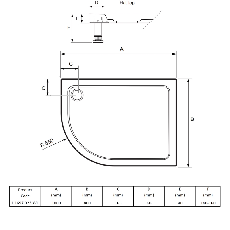 Mira Flight Low Offset Quadrant Shower Tray 1000mm x 800mm Right Handed (inc Waste)  | Dimension Image