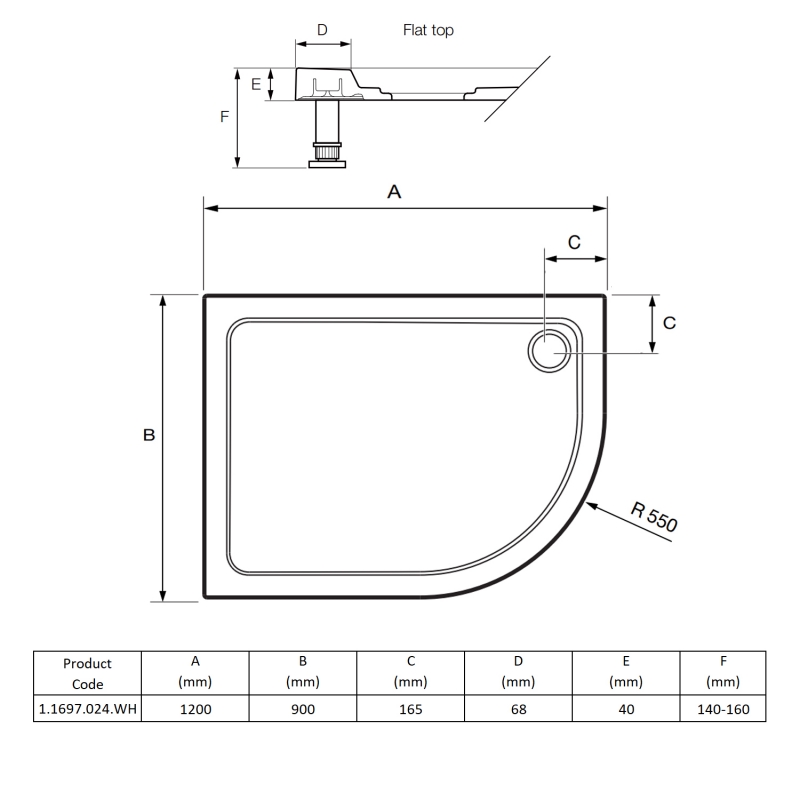 Mira Flight Low Offset Quadrant Shower Tray 1200mm x 900mm Left Handed (inc Waste)  | Dimension Image
