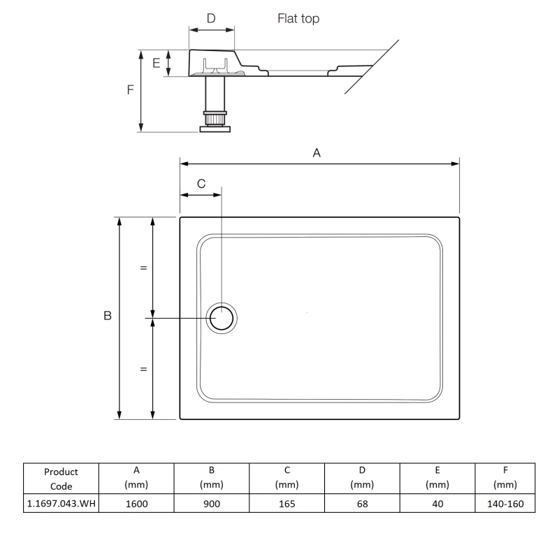 Mira Flight Low Rectangular Shower Tray 1600mm x 900mm (inc Waste)  | Dimension Image