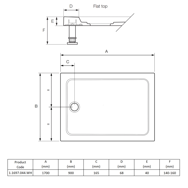 Mira Flight Low Rectangular Shower Tray 1700mm x 900mm (inc Waste)  | Dimension Image