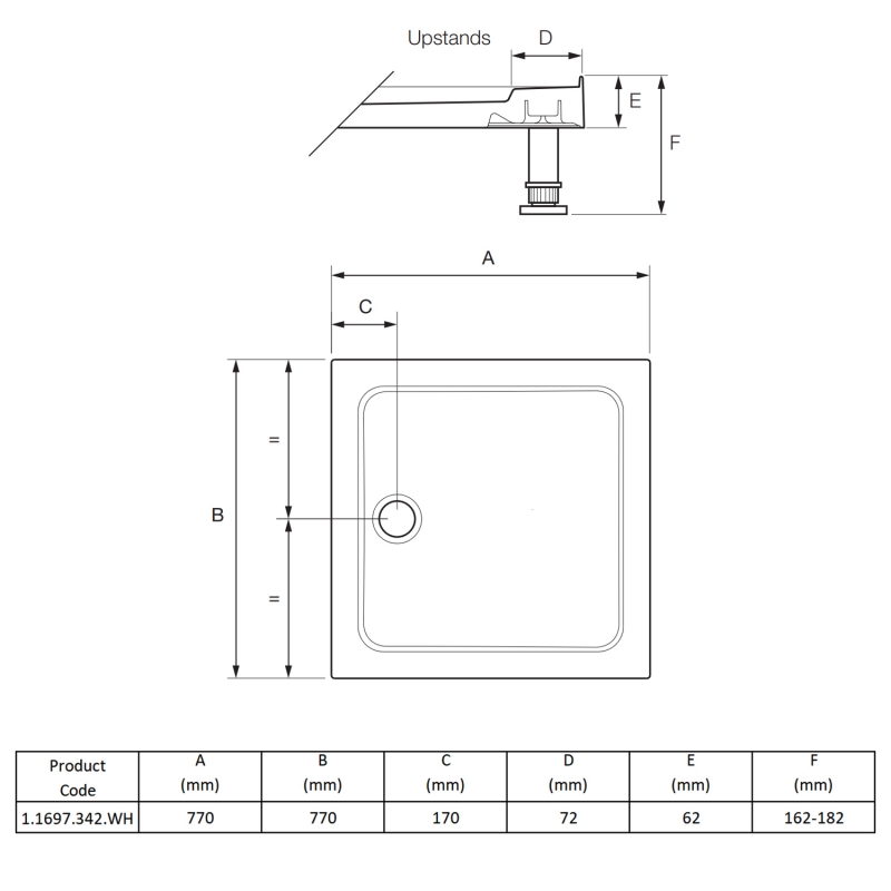 Mira Flight Low 4 Upstand Square Shower Tray 760mm x 760mm (inc Waste)  | Dimension Image