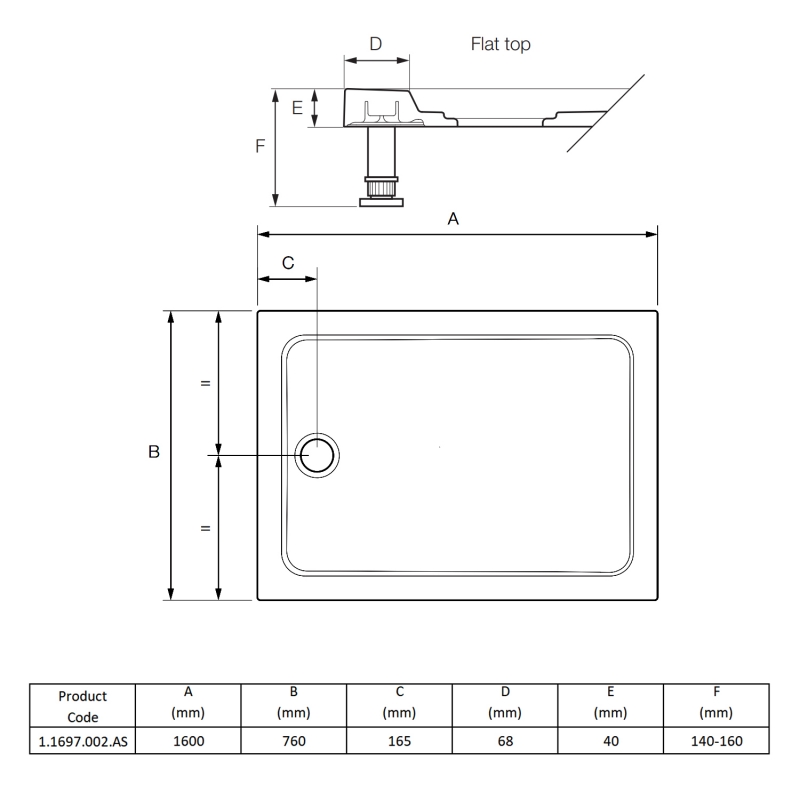 Mira Flight Safe Anti-Slip Rectangular Shower Tray 1600mm x 760mm (inc Waste)  | Dimension Image
