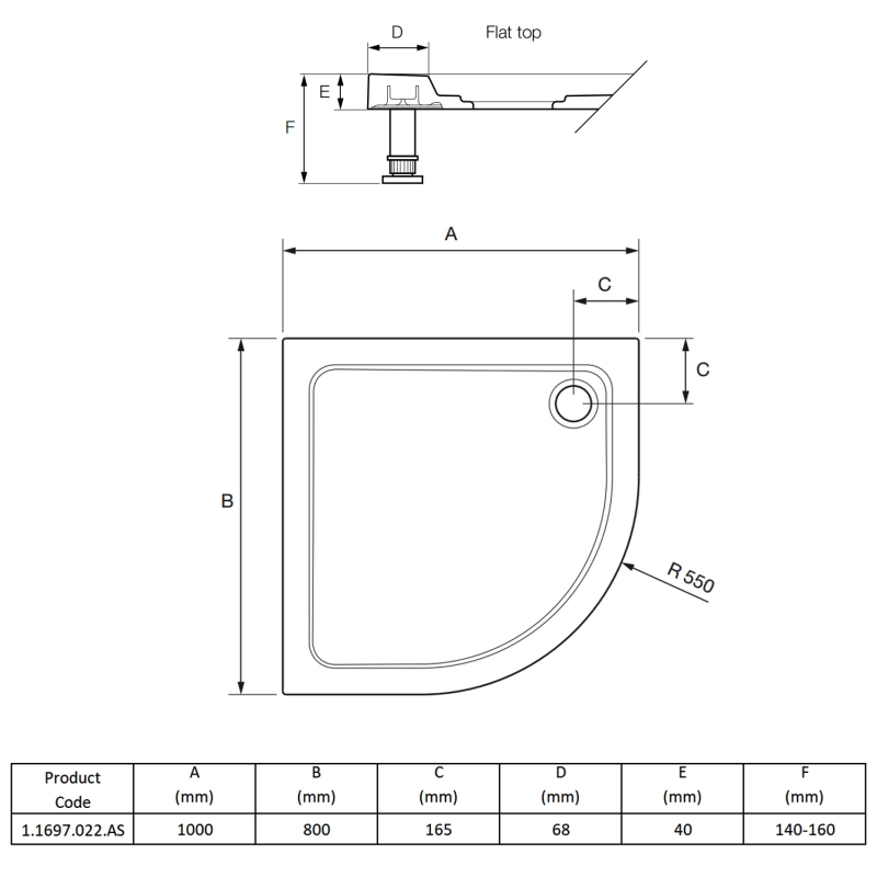 Mira Flight Safe Anti-Slip Offset Quadrant Shower Tray 1000mm x 800mm Left Handed (inc Waste)  | Dimension Image