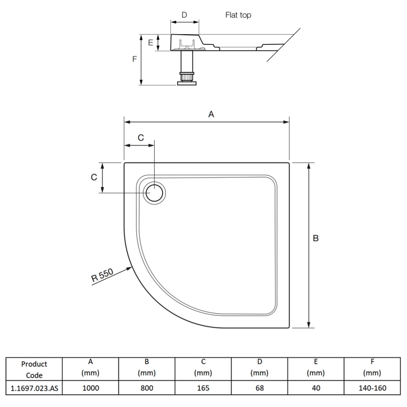 Mira Flight Safe Anti-Slip Offset Quadrant Shower Tray 1000mm x 800mm Right Handed (inc Waste)  | Dimension Image